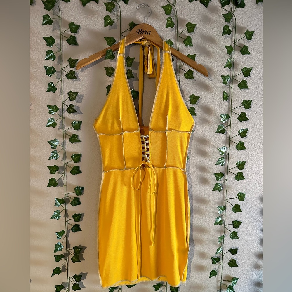 Shein yellow tie up halter summer dress, size small